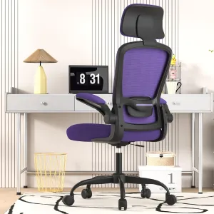 Ergonomic Office Chair for Long Hours & Back Pain Relief – Adjustable Lumbar Support & Headrest, High-Density Foam Cushion, Flip-Up Armrests, Perfect for Work & Study, Purple