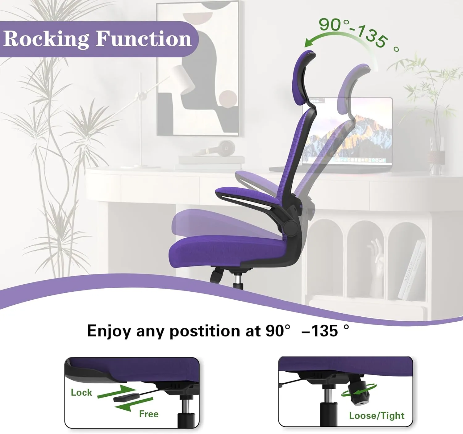 Ergonomic Office Chair for Long Hours & Back Pain Relief – Adjustable Lumbar Support & Headrest, High-Density Foam Cushion, Flip-Up Armrests, Perfect for Work & Study, Purple