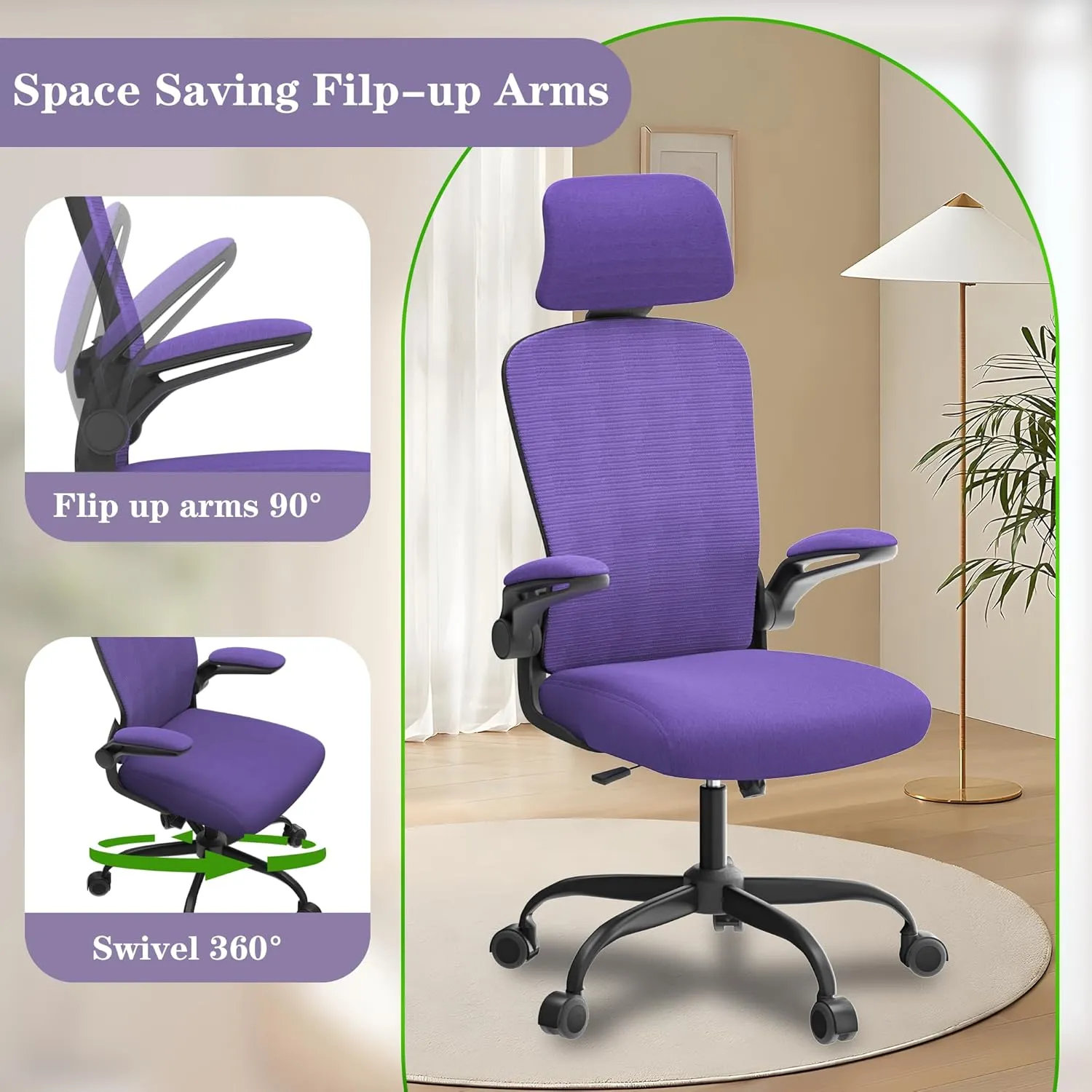 Ergonomic Office Chair for Long Hours & Back Pain Relief – Adjustable Lumbar Support & Headrest, High-Density Foam Cushion, Flip-Up Armrests, Perfect for Work & Study, Purple