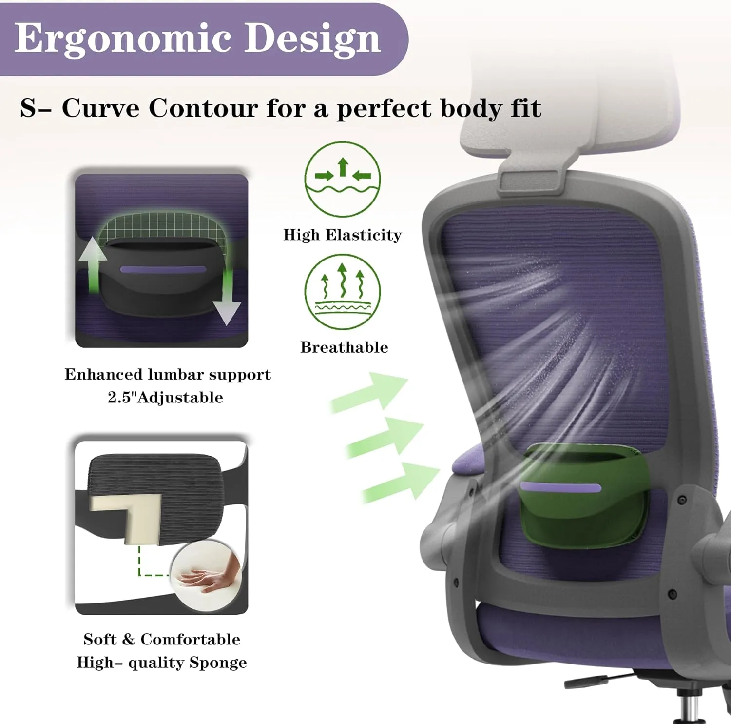 Ergonomic Office Chair for Long Hours & Back Pain Relief – Adjustable Lumbar Support & Headrest, High-Density Foam Cushion, Flip-Up Armrests, Perfect for Work & Study, Purple