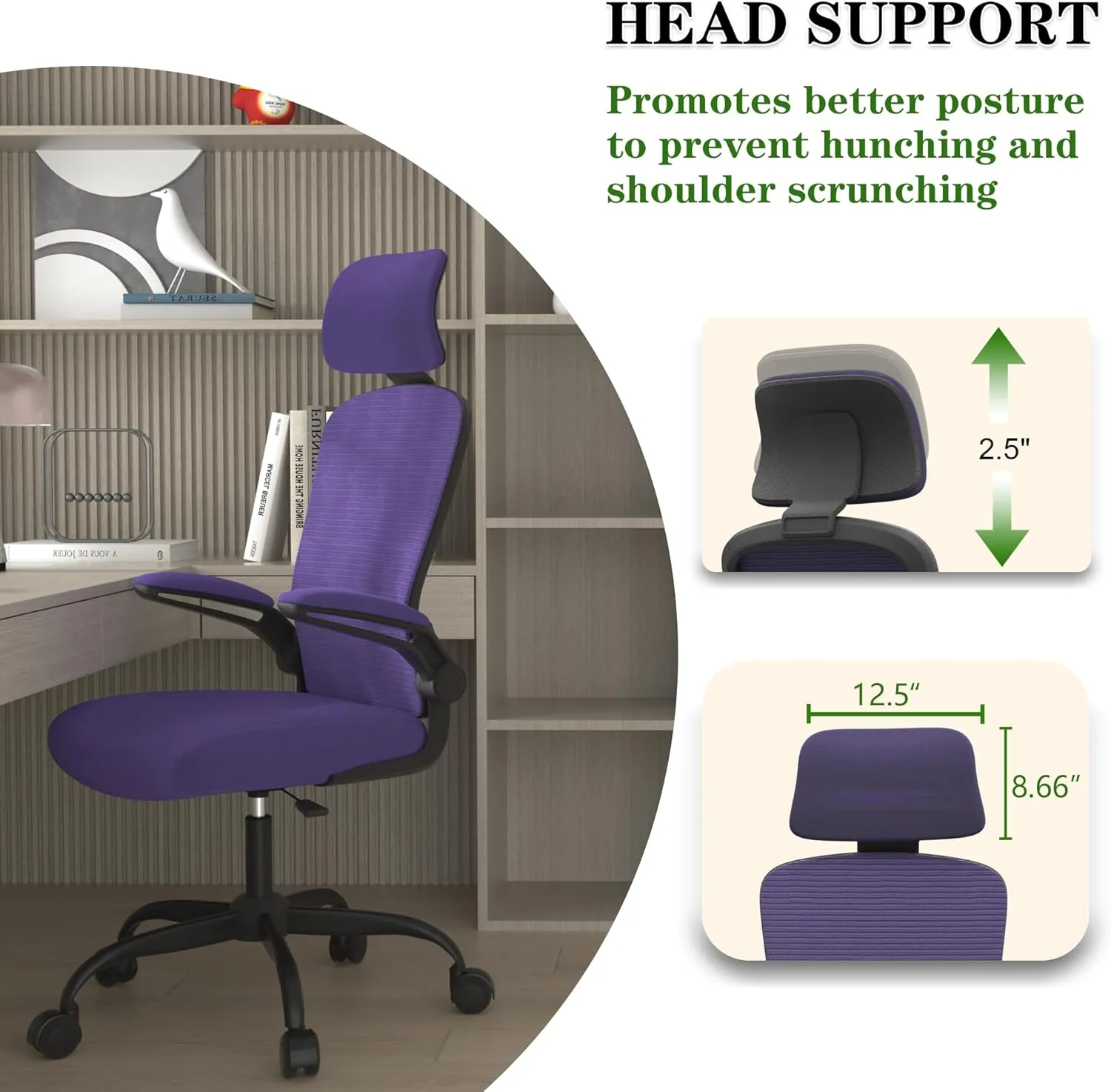 Ergonomic Office Chair for Long Hours & Back Pain Relief – Adjustable Lumbar Support & Headrest, High-Density Foam Cushion, Flip-Up Armrests, Perfect for Work & Study, Purple