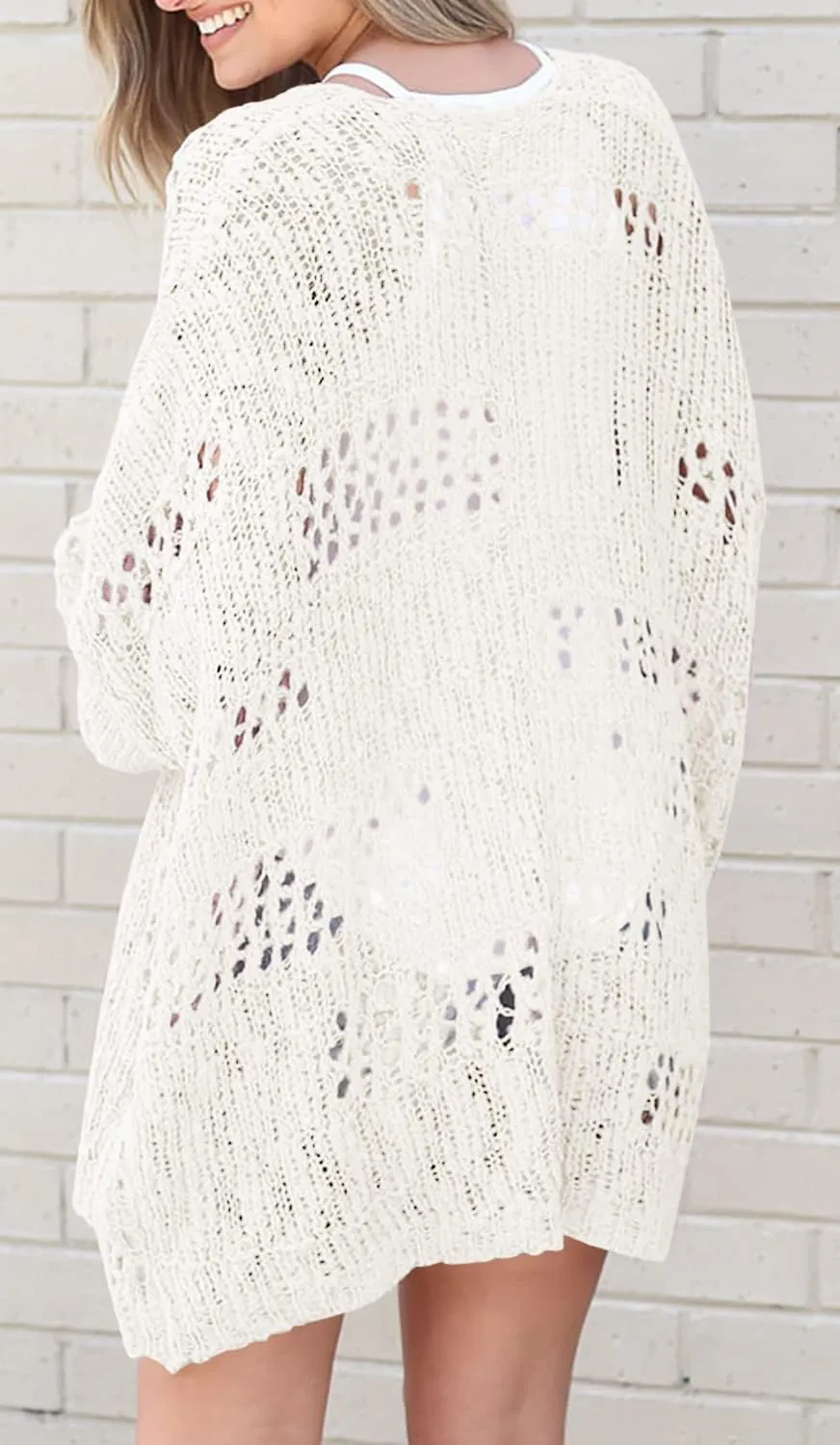 Ermonn Womens Crochet Cardigan Sweater Kimonos Boho Solid Color Oversized Fall Open Front Outwear
