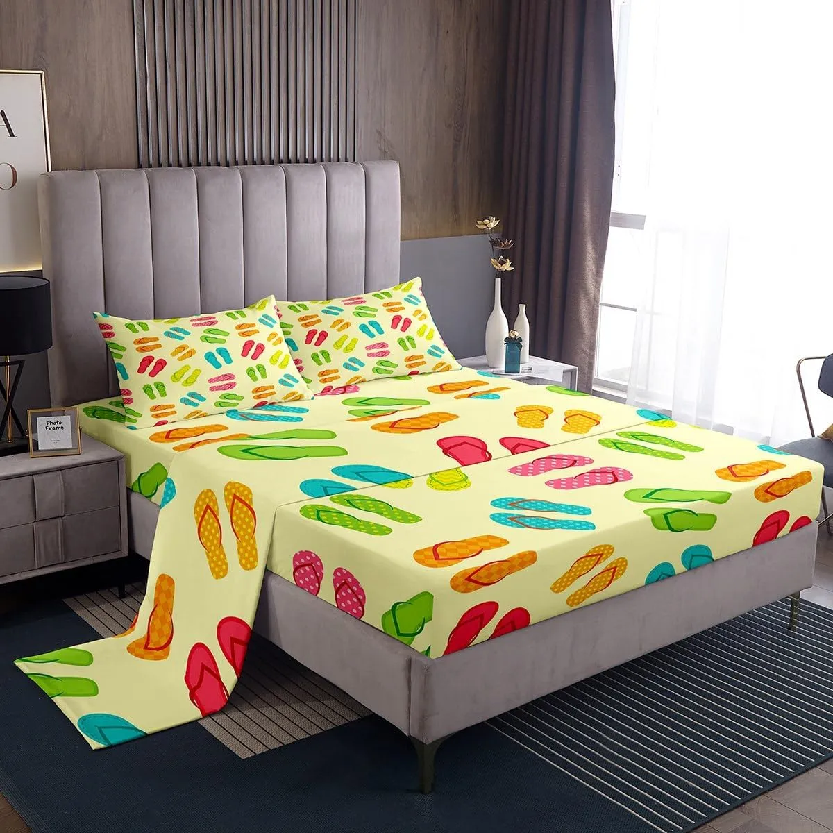 Erosebridal Colorful Flip Flops Bed Sheets Set Beach Slippers Queen Size Sheet Sets for Kids Boys Girls, Summer Holiday Sheets Hawaii Farmhouse Bed Set, Coastal Lodge Cabin Flat Sheet