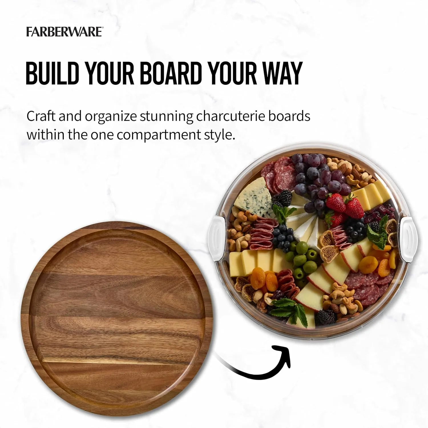 FARBERWARE Build-a-Board Cutting Board with Single Compartment and Clear Locking Lid for Charcuterie, Snacks, and More, Acacia