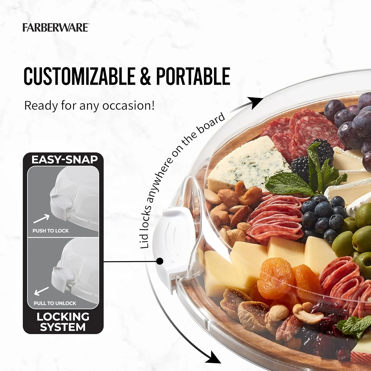 FARBERWARE Build-a-Board Cutting Board with Single Compartment and Clear Locking Lid for Charcuterie, Snacks, and More, Acacia