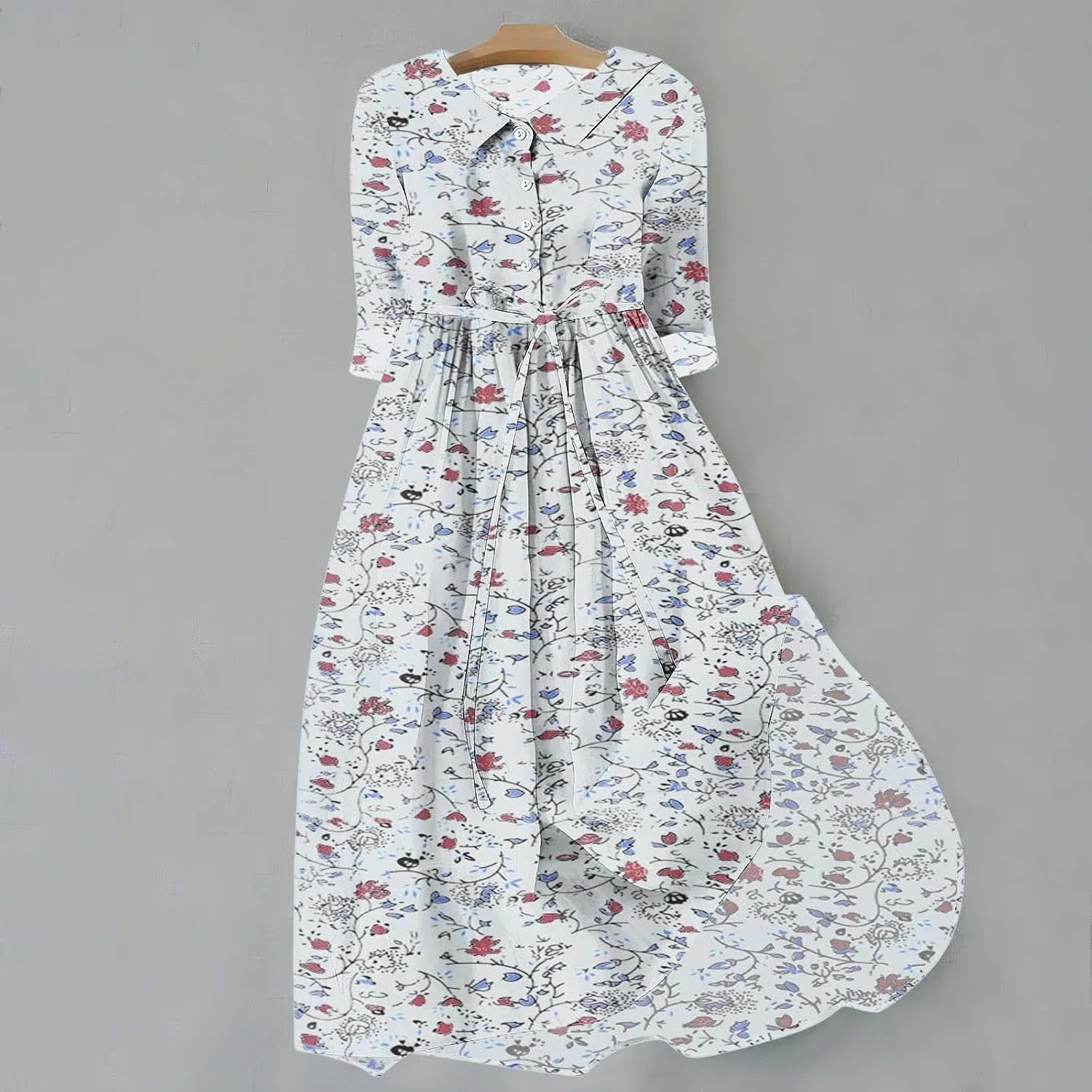 Fashion Women Summer Long Dresses Casual Floral Print 3/4 Sleeve Sundress Button Collar Swing Pleated Beach Dress