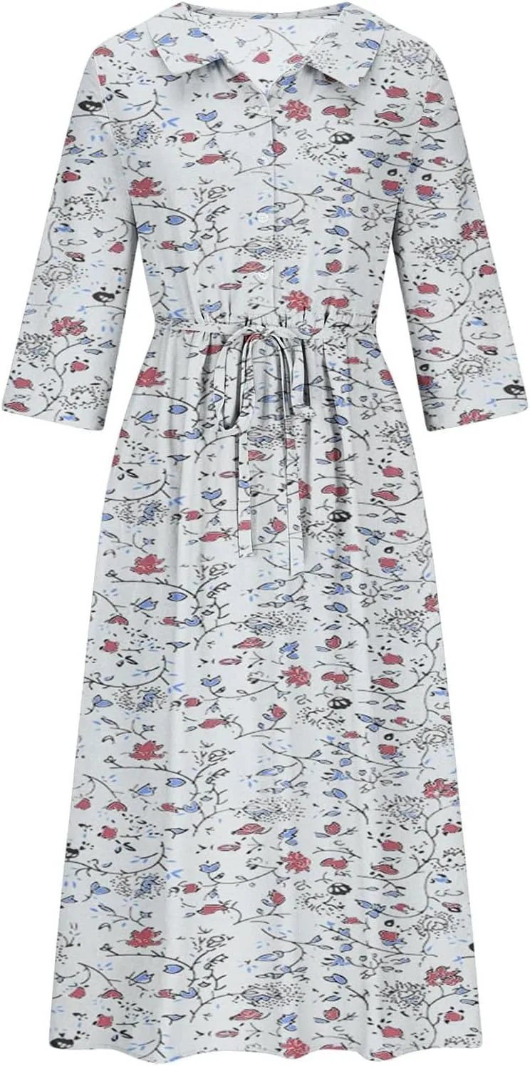 Fashion Women Summer Long Dresses Casual Floral Print 3/4 Sleeve Sundress Button Collar Swing Pleated Beach Dress