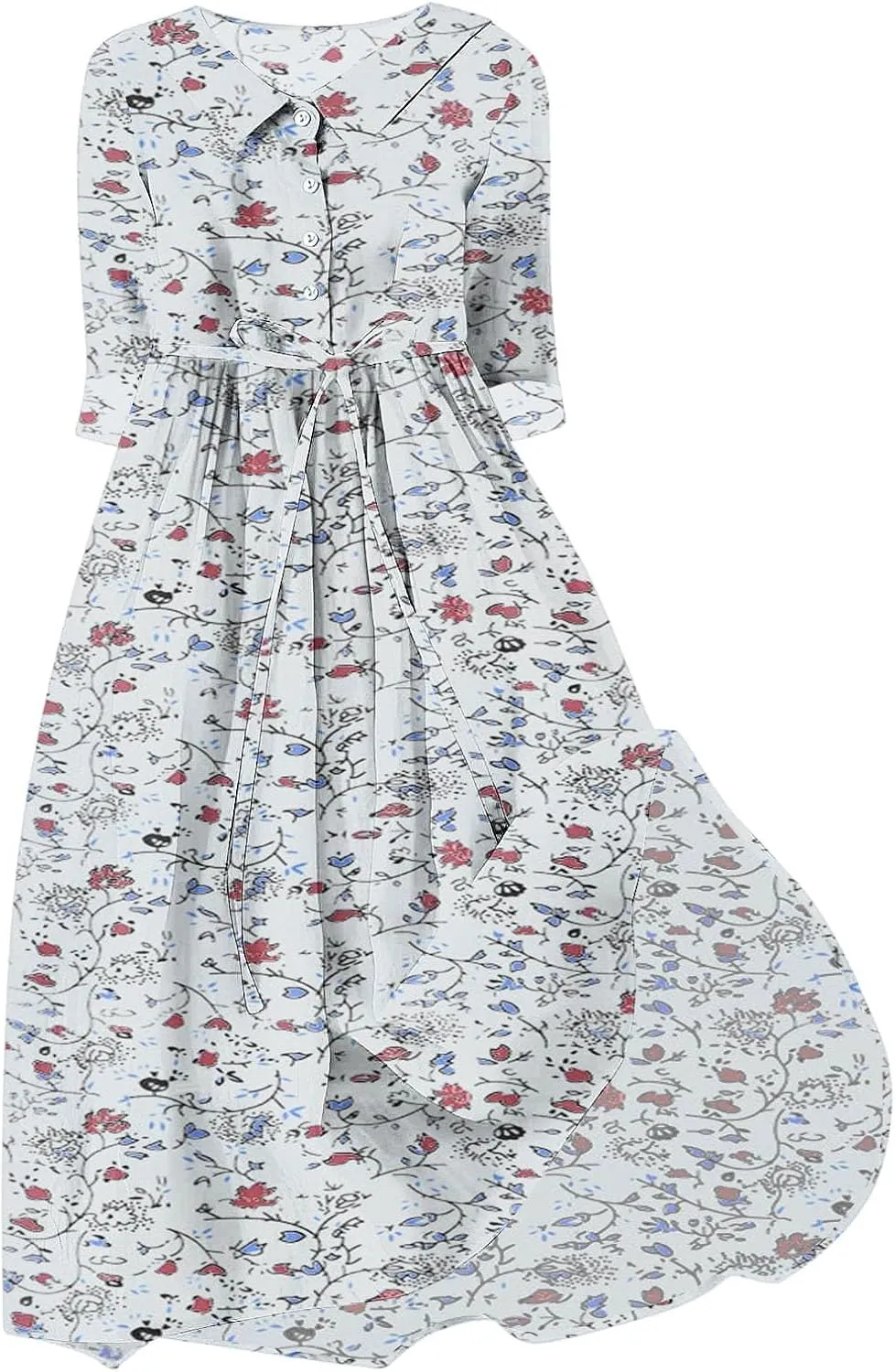 Fashion Women Summer Long Dresses Casual Floral Print 3/4 Sleeve Sundress Button Collar Swing Pleated Beach Dress