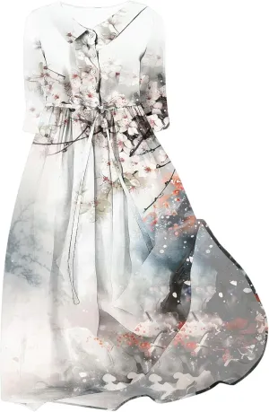Fashion Women Summer Long Dresses Casual Floral Print 3/4 Sleeve Sundress Button Collar Swing Pleated Beach Dress