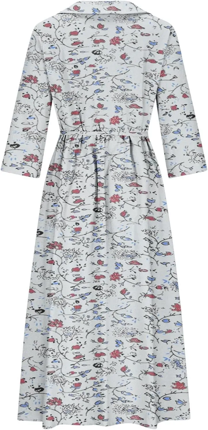 Fashion Women Summer Long Dresses Casual Floral Print 3/4 Sleeve Sundress Button Collar Swing Pleated Beach Dress