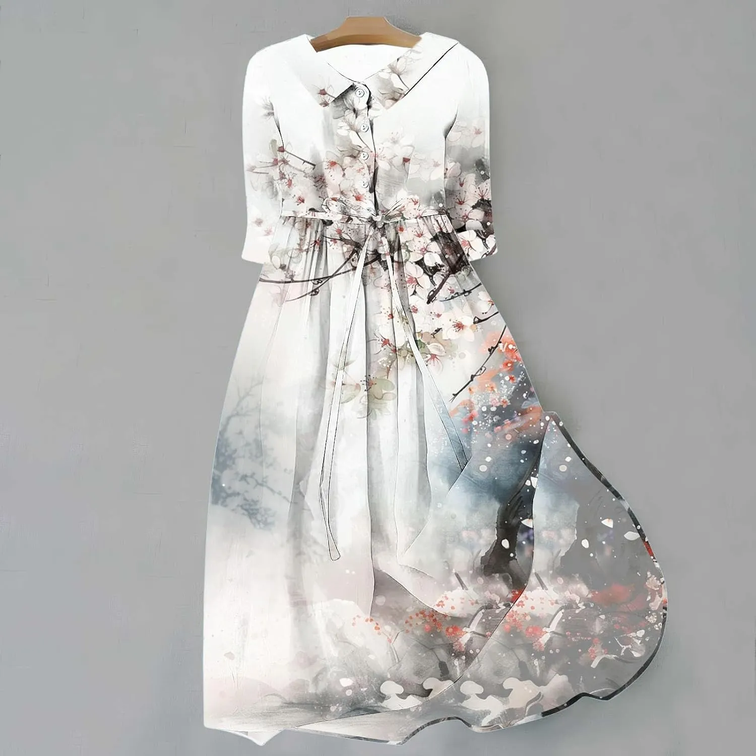 Fashion Women Summer Long Dresses Casual Floral Print 3/4 Sleeve Sundress Button Collar Swing Pleated Beach Dress