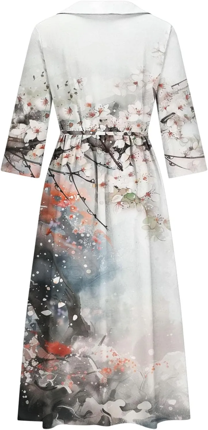 Fashion Women Summer Long Dresses Casual Floral Print 3/4 Sleeve Sundress Button Collar Swing Pleated Beach Dress