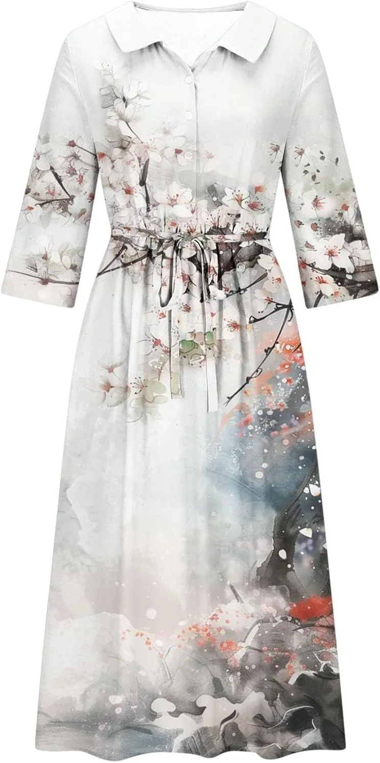 Fashion Women Summer Long Dresses Casual Floral Print 3/4 Sleeve Sundress Button Collar Swing Pleated Beach Dress