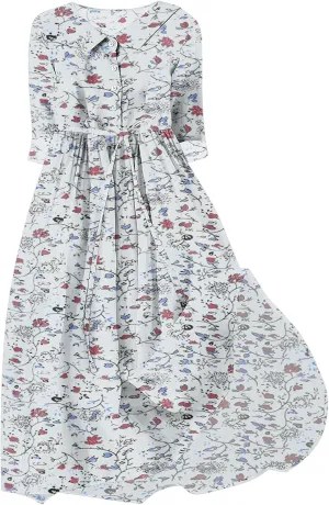 Fashion Women Summer Long Dresses Casual Floral Print 3/4 Sleeve Sundress Button Collar Swing Pleated Beach Dress