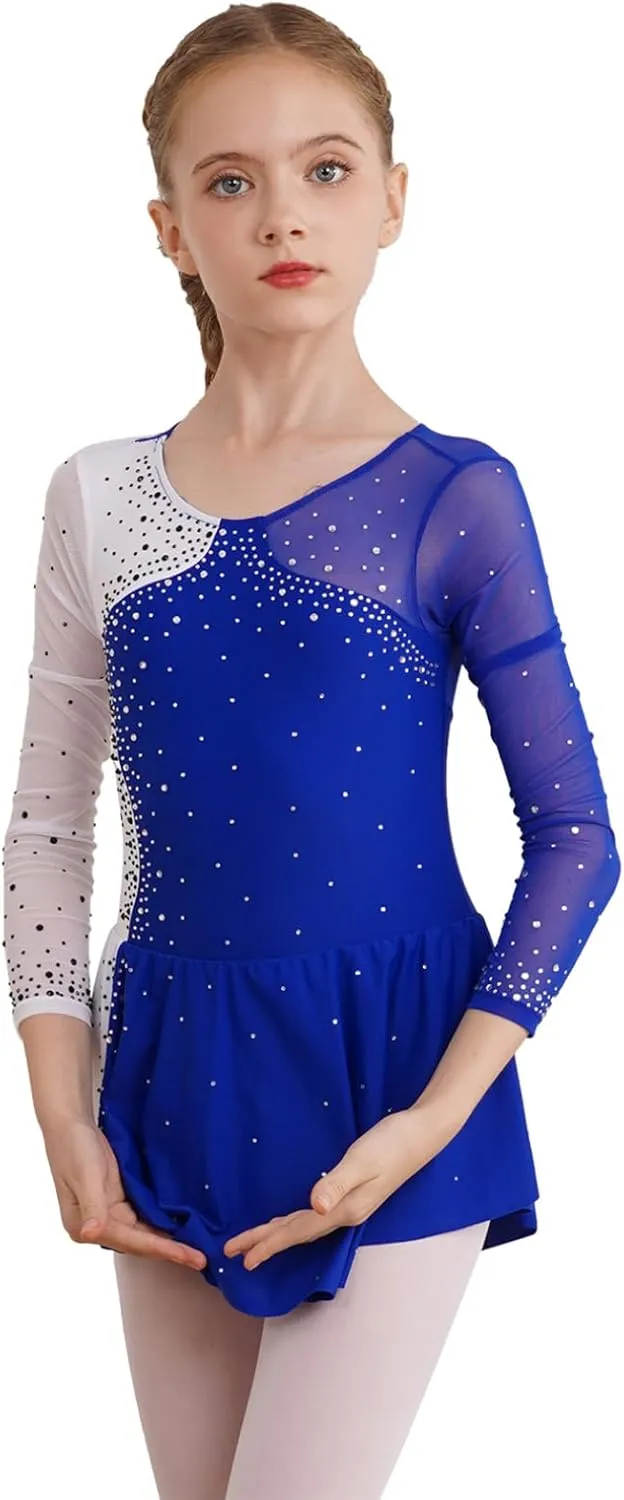 FEESHOW Kids Girls Long Sleeve Figure Ice Skating Dress Ballerina Shiny Diamond Ballet Dance Leotards Costume