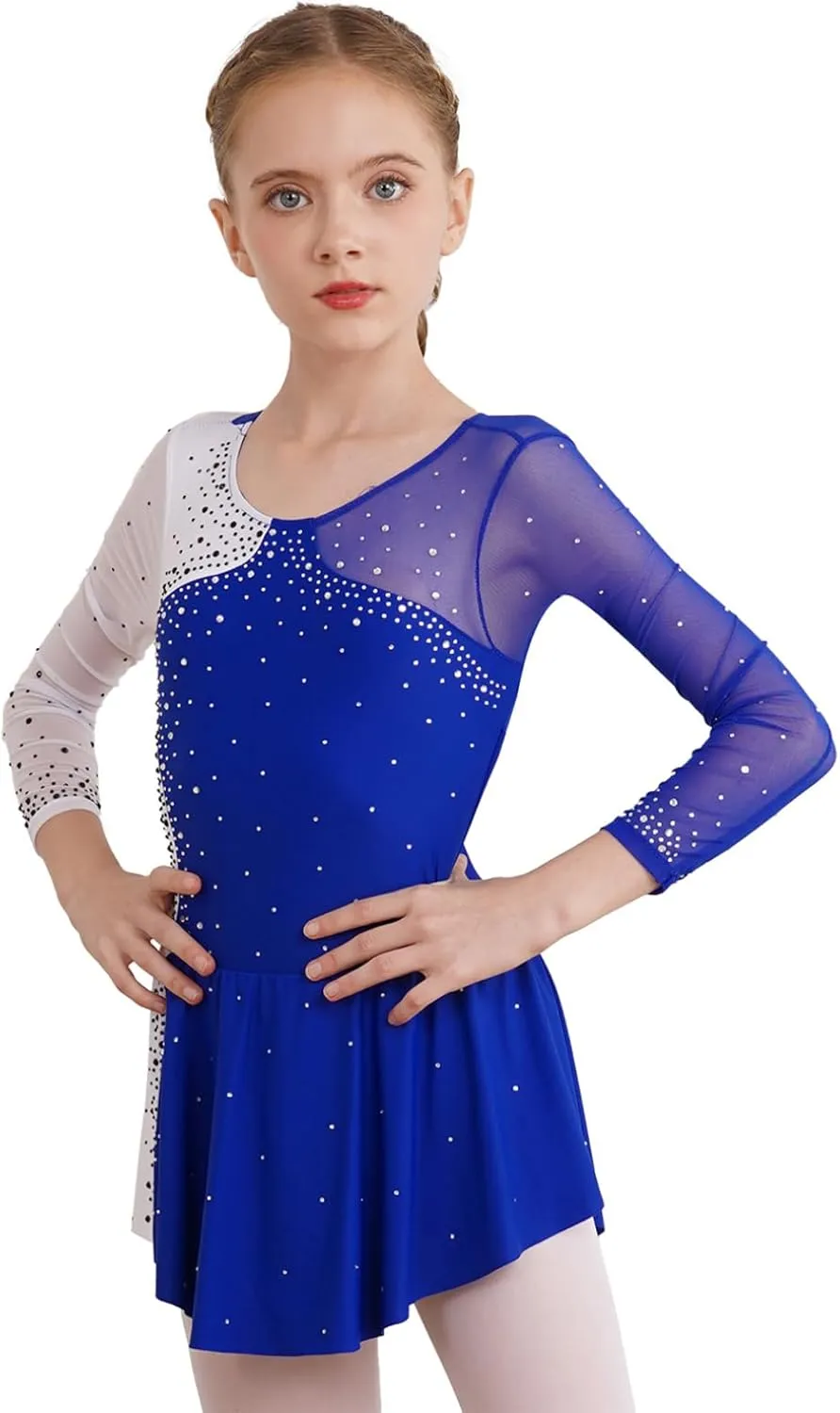 FEESHOW Kids Girls Long Sleeve Figure Ice Skating Dress Ballerina Shiny Diamond Ballet Dance Leotards Costume