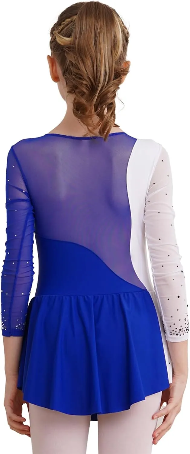 FEESHOW Kids Girls Long Sleeve Figure Ice Skating Dress Ballerina Shiny Diamond Ballet Dance Leotards Costume