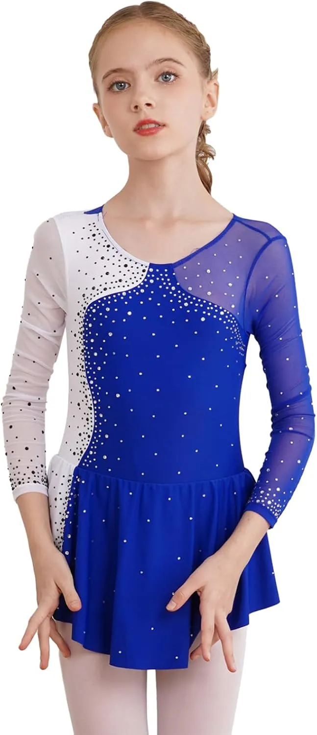 FEESHOW Kids Girls Long Sleeve Figure Ice Skating Dress Ballerina Shiny Diamond Ballet Dance Leotards Costume