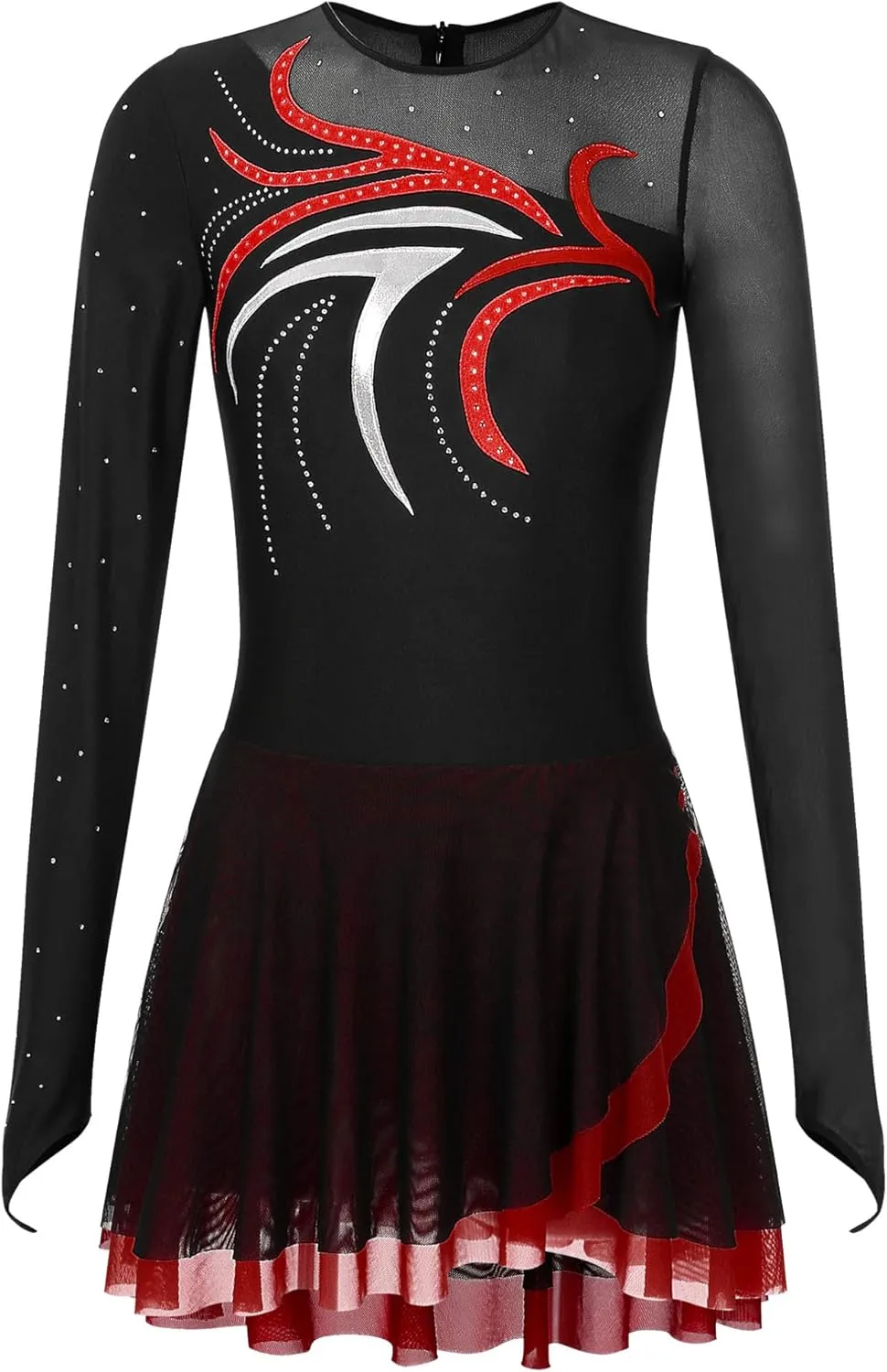 FEESHOW Lyrical Dresses Figure Skating Dresses for Women Rhinestone Dance Leotards Ballet Majorette Dance Uniforms