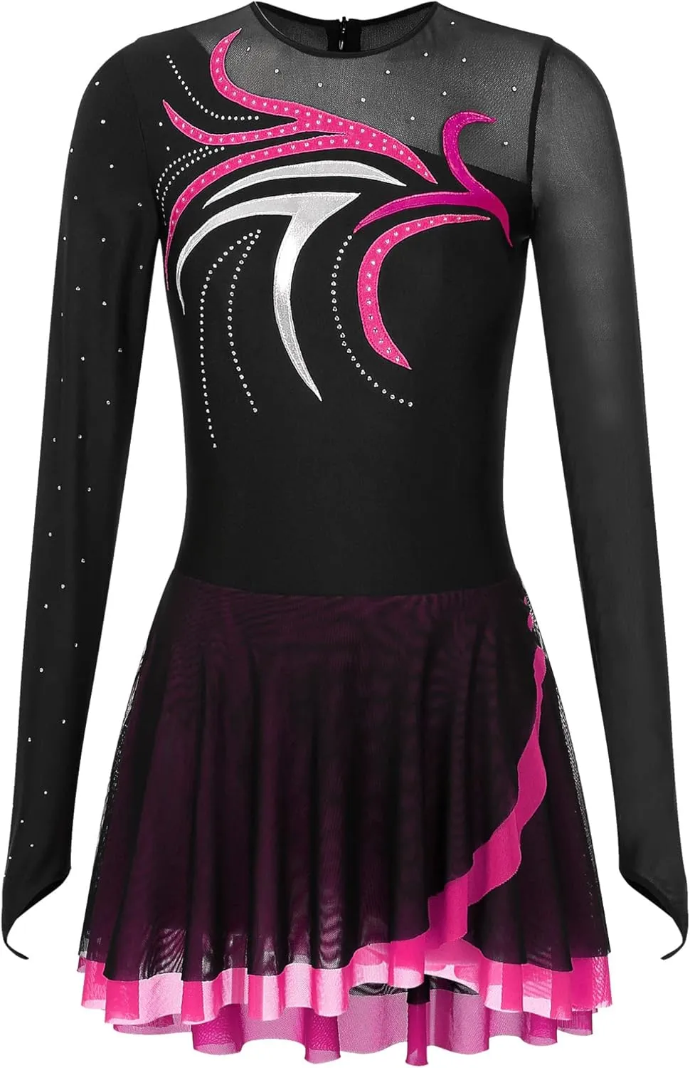 FEESHOW Lyrical Dresses Figure Skating Dresses for Women Rhinestone Dance Leotards Ballet Majorette Dance Uniforms