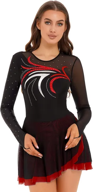 FEESHOW Lyrical Dresses Figure Skating Dresses for Women Rhinestone Dance Leotards Ballet Majorette Dance Uniforms