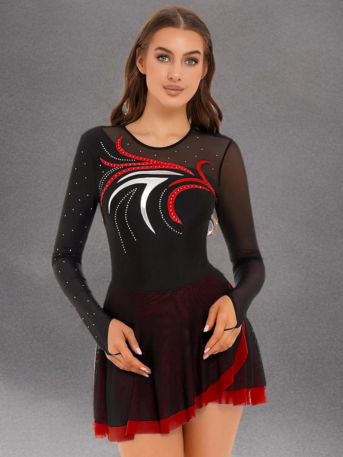 FEESHOW Lyrical Dresses Figure Skating Dresses for Women Rhinestone Dance Leotards Ballet Majorette Dance Uniforms