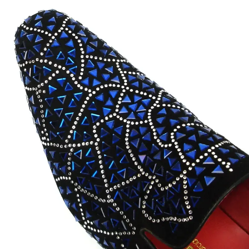 Fiesso FI-7415 Black Suede Blue Stone Loafers
