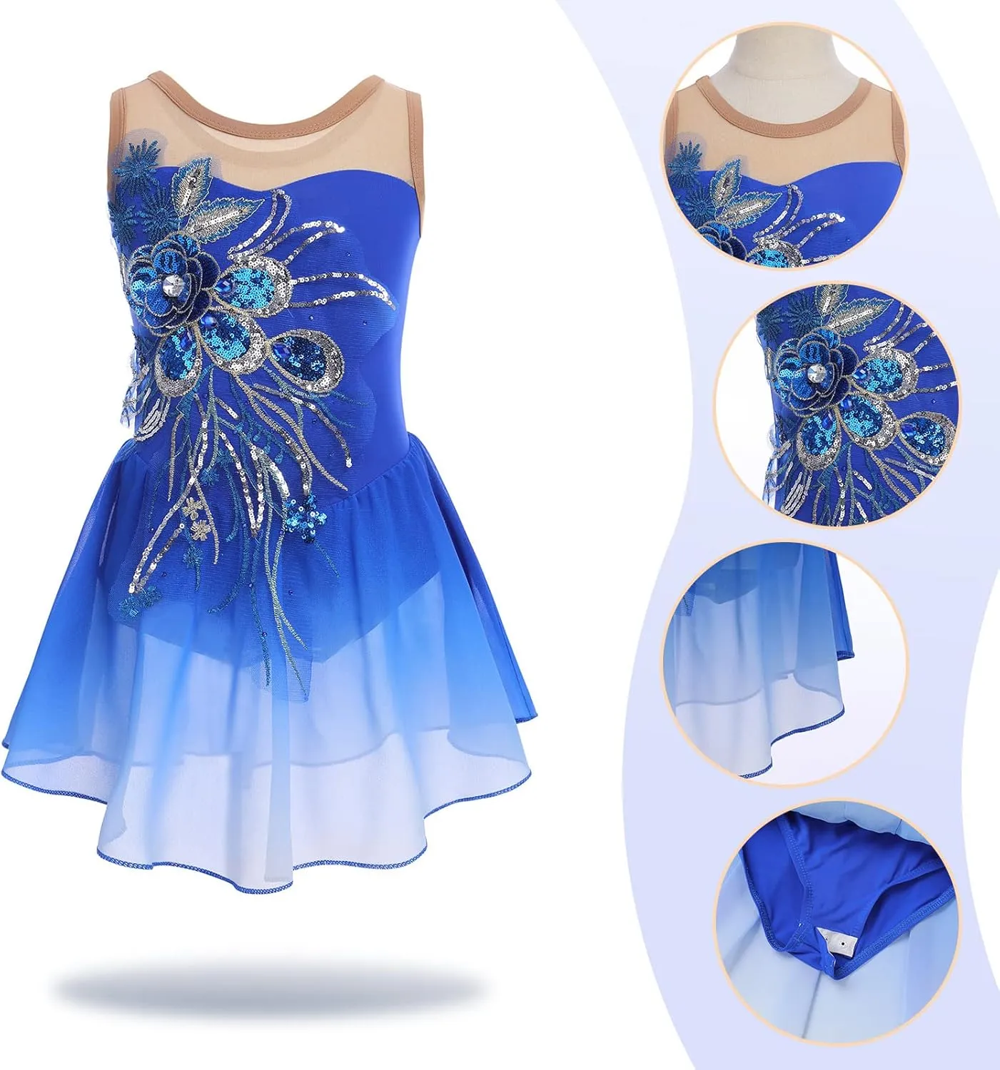 Figure Skating Dress for Girls - Sequin Flower Mesh Ice Skating Ballet Dance Leotard for Competition Costume