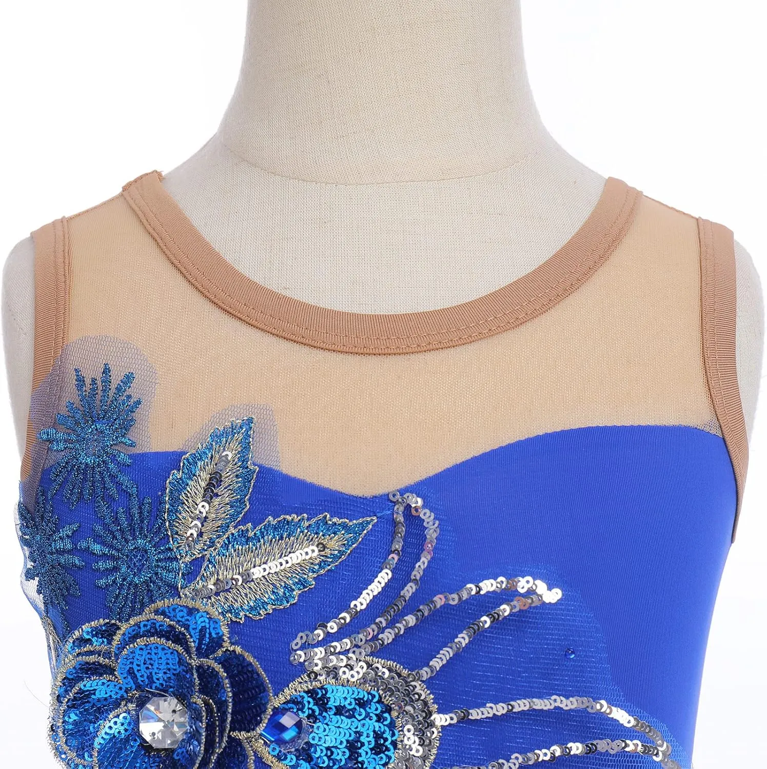 Figure Skating Dress for Girls - Sequin Flower Mesh Ice Skating Ballet Dance Leotard for Competition Costume