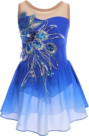 Figure Skating Dress for Girls - Sequin Flower Mesh Ice Skating Ballet Dance Leotard for Competition Costume