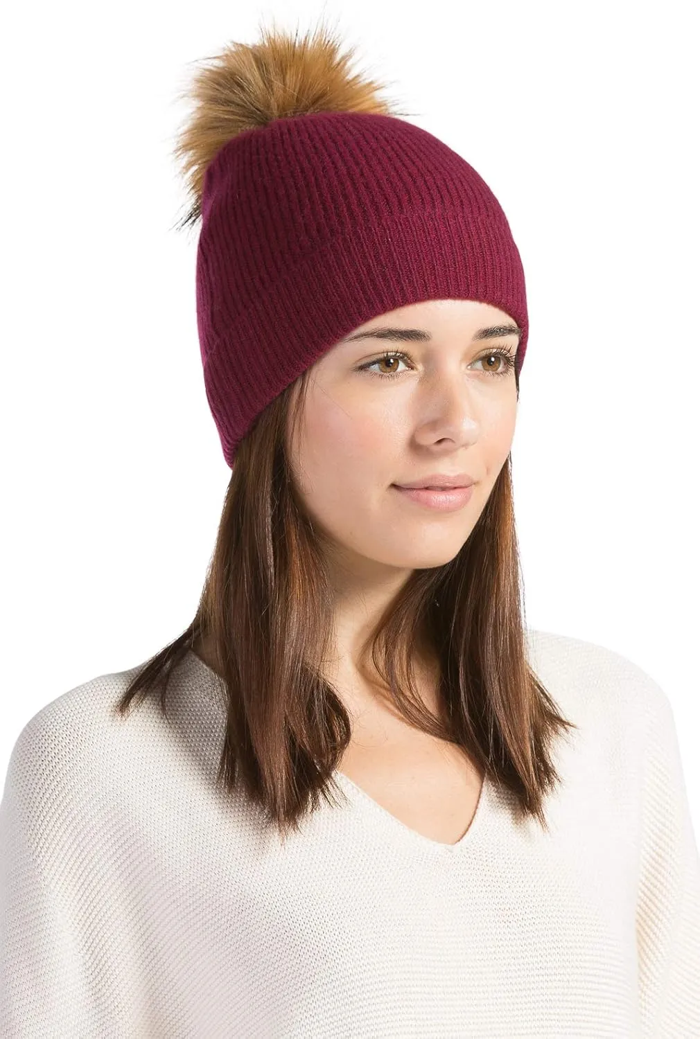 Fishers Finery Women's 100% Cashmere Beanie Hat with Pom