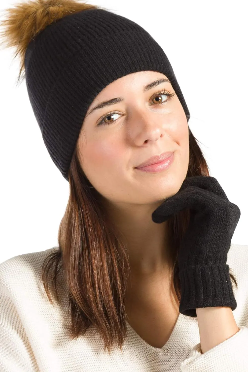 Fishers Finery Women's 100% Cashmere Pom Hat and Glove Set; with Gift Box