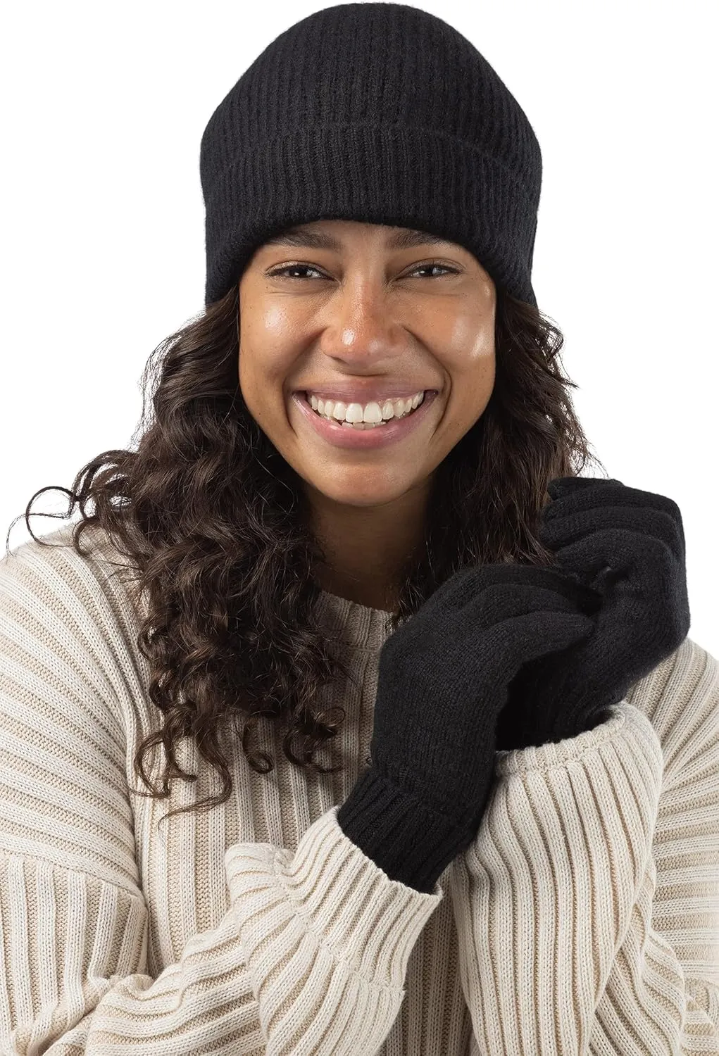 Fishers Finery Women's 100% Pure Cashmere Ribbed Hat Glove Set | Gift Box