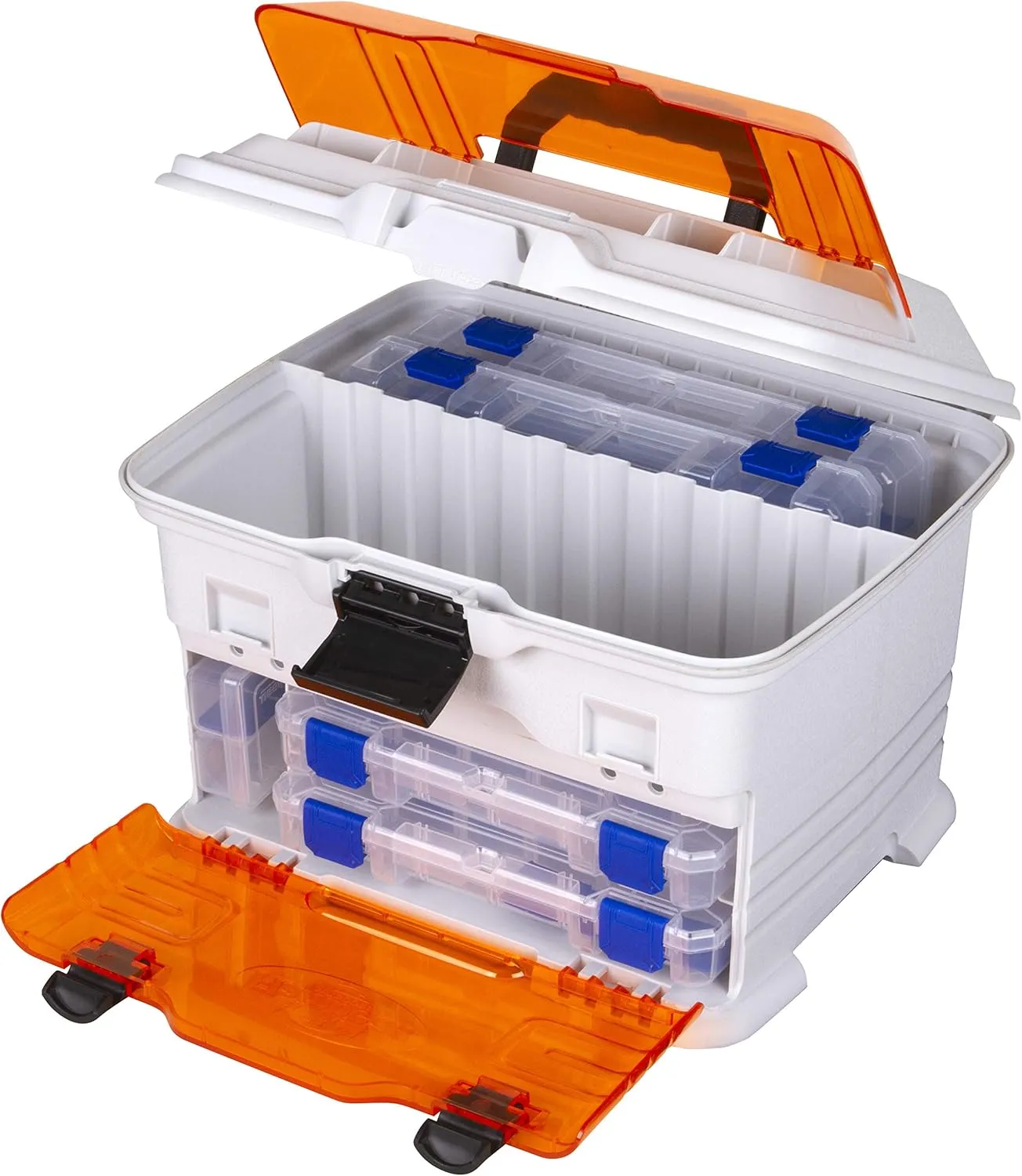 Flambeau Outdoors T4P Pro Multiloader Tackle Box - Portable Fishing Lure Organizer Station With Zerust Anti-RustTechnology, Includes 5 Removable Tuff Tainer Tackle Boxes, White/Orange