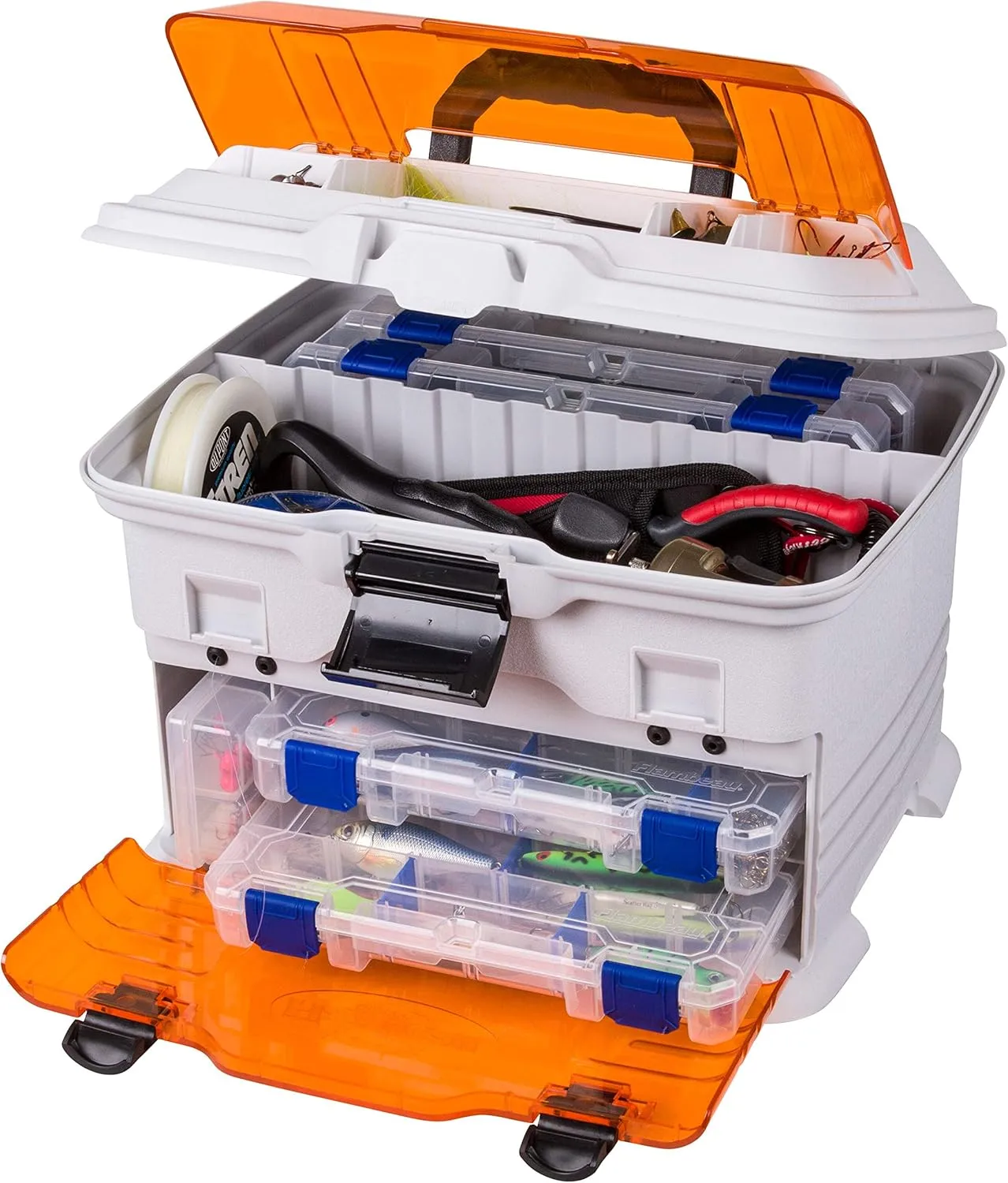 Flambeau Outdoors T4P Pro Multiloader Tackle Box - Portable Fishing Lure Organizer Station With Zerust Anti-RustTechnology, Includes 5 Removable Tuff Tainer Tackle Boxes, White/Orange