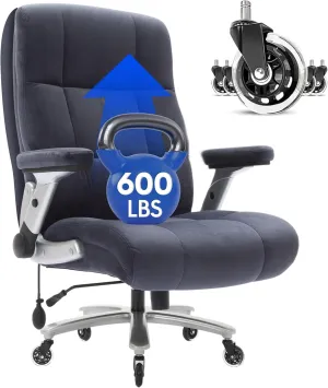 FLEXISPOT Big and Tall Office Chair with Flip Arms, 600LBS Heavy Duty Office Chair for Heavy People, Wide Plus Size Chair with Inflatable Adjustable Lumbar Support Quiet Rubber Wheels, Velvet, Blue