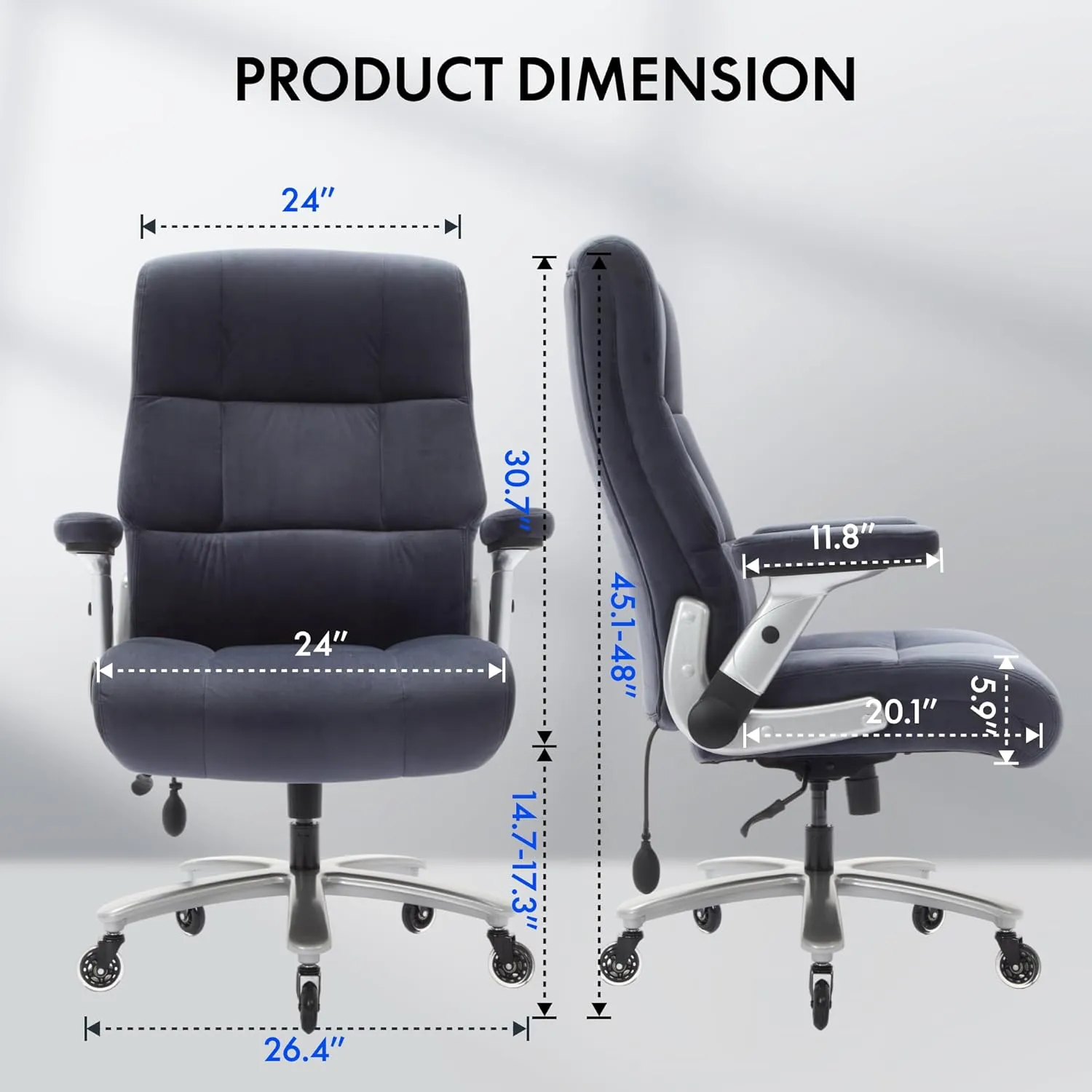 FLEXISPOT Big and Tall Office Chair with Flip Arms, 600LBS Heavy Duty Office Chair for Heavy People, Wide Plus Size Chair with Inflatable Adjustable Lumbar Support Quiet Rubber Wheels, Velvet, Blue