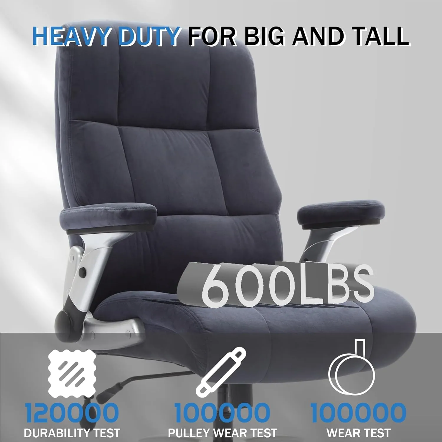 FLEXISPOT Big and Tall Office Chair with Flip Arms, 600LBS Heavy Duty Office Chair for Heavy People, Wide Plus Size Chair with Inflatable Adjustable Lumbar Support Quiet Rubber Wheels, Velvet, Blue