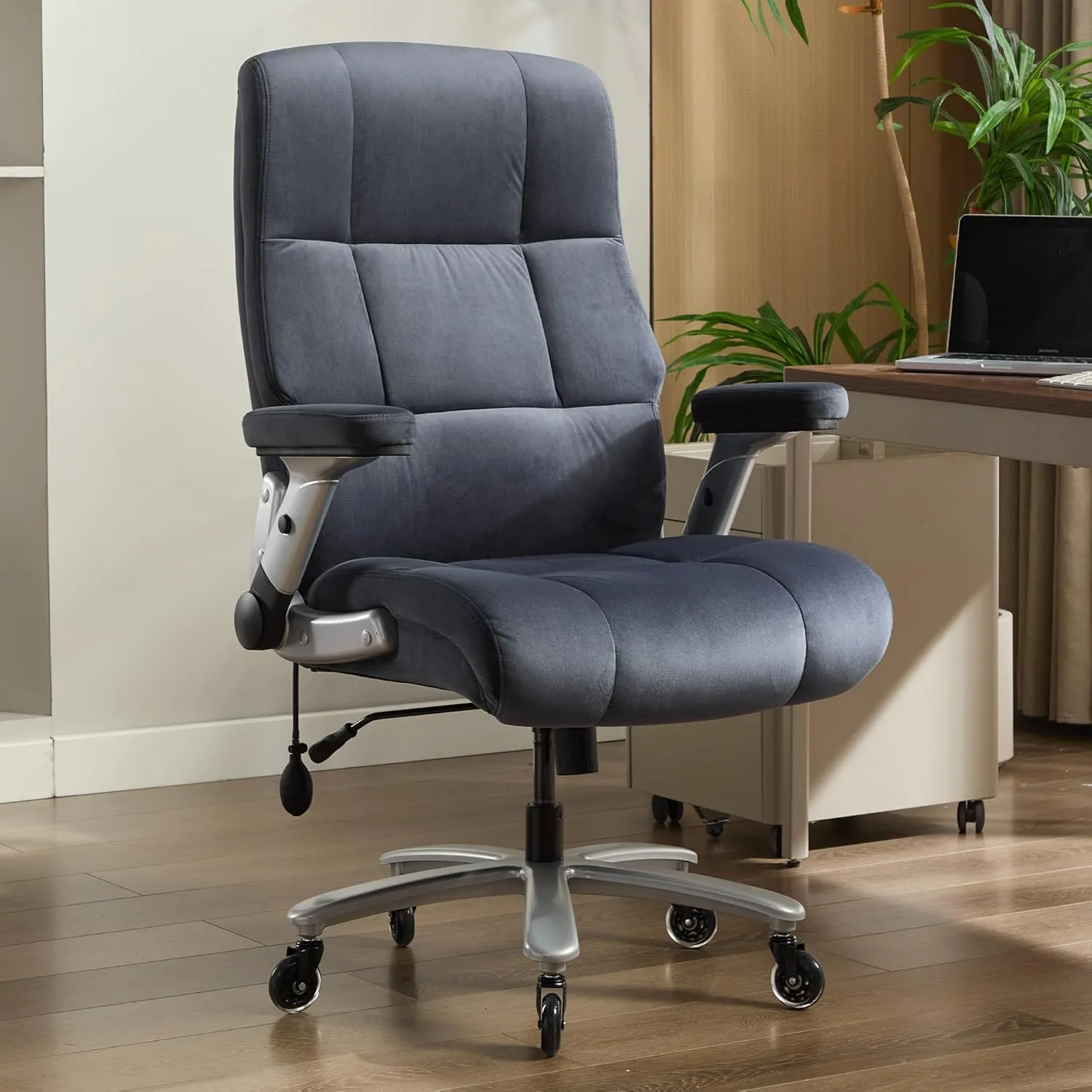 FLEXISPOT Big and Tall Office Chair with Flip Arms, 600LBS Heavy Duty Office Chair for Heavy People, Wide Plus Size Chair with Inflatable Adjustable Lumbar Support Quiet Rubber Wheels, Velvet, Blue