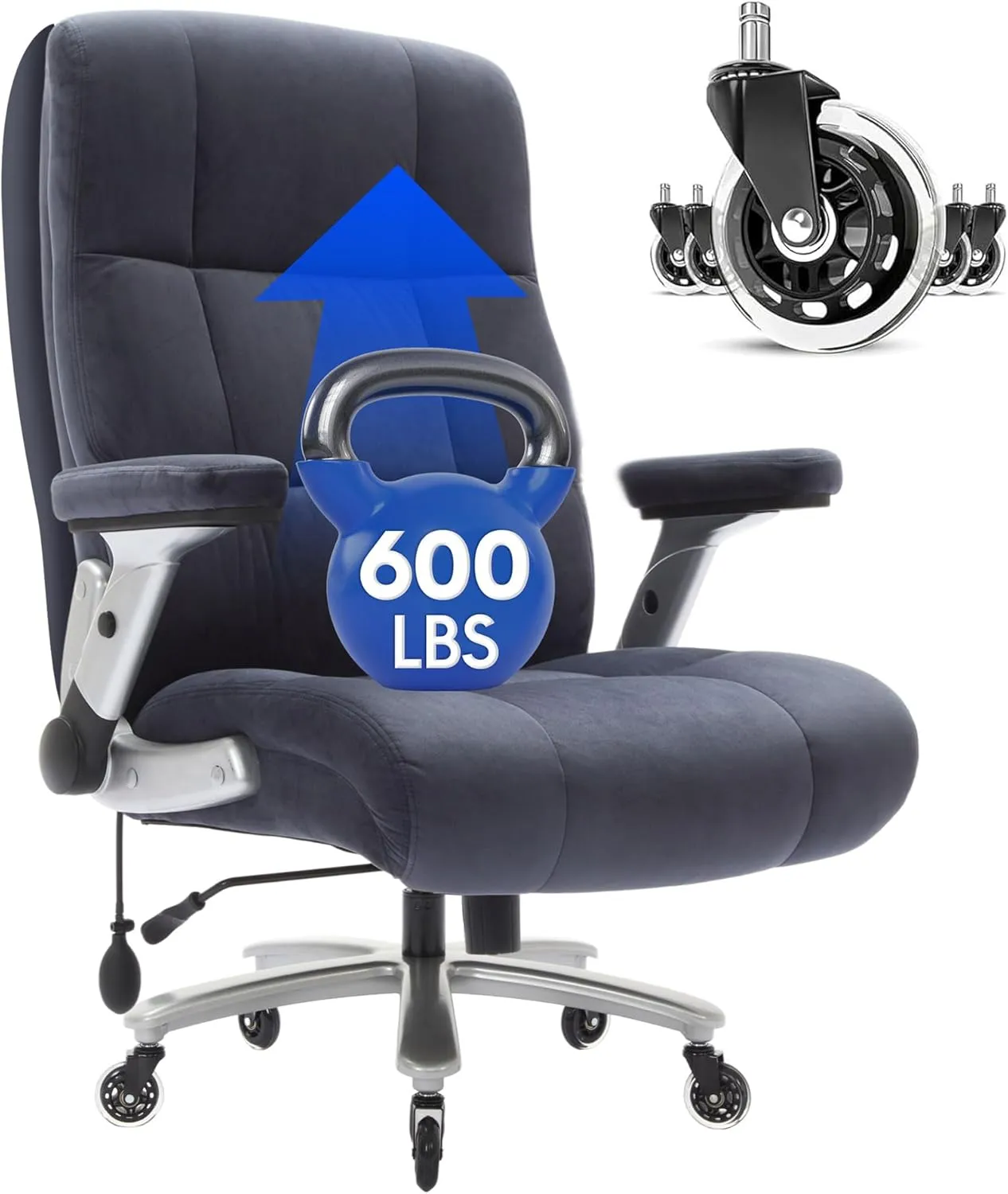 FLEXISPOT Big and Tall Office Chair with Flip Arms, 600LBS Heavy Duty Office Chair for Heavy People, Wide Plus Size Chair with Inflatable Adjustable Lumbar Support Quiet Rubber Wheels, Velvet, Blue
