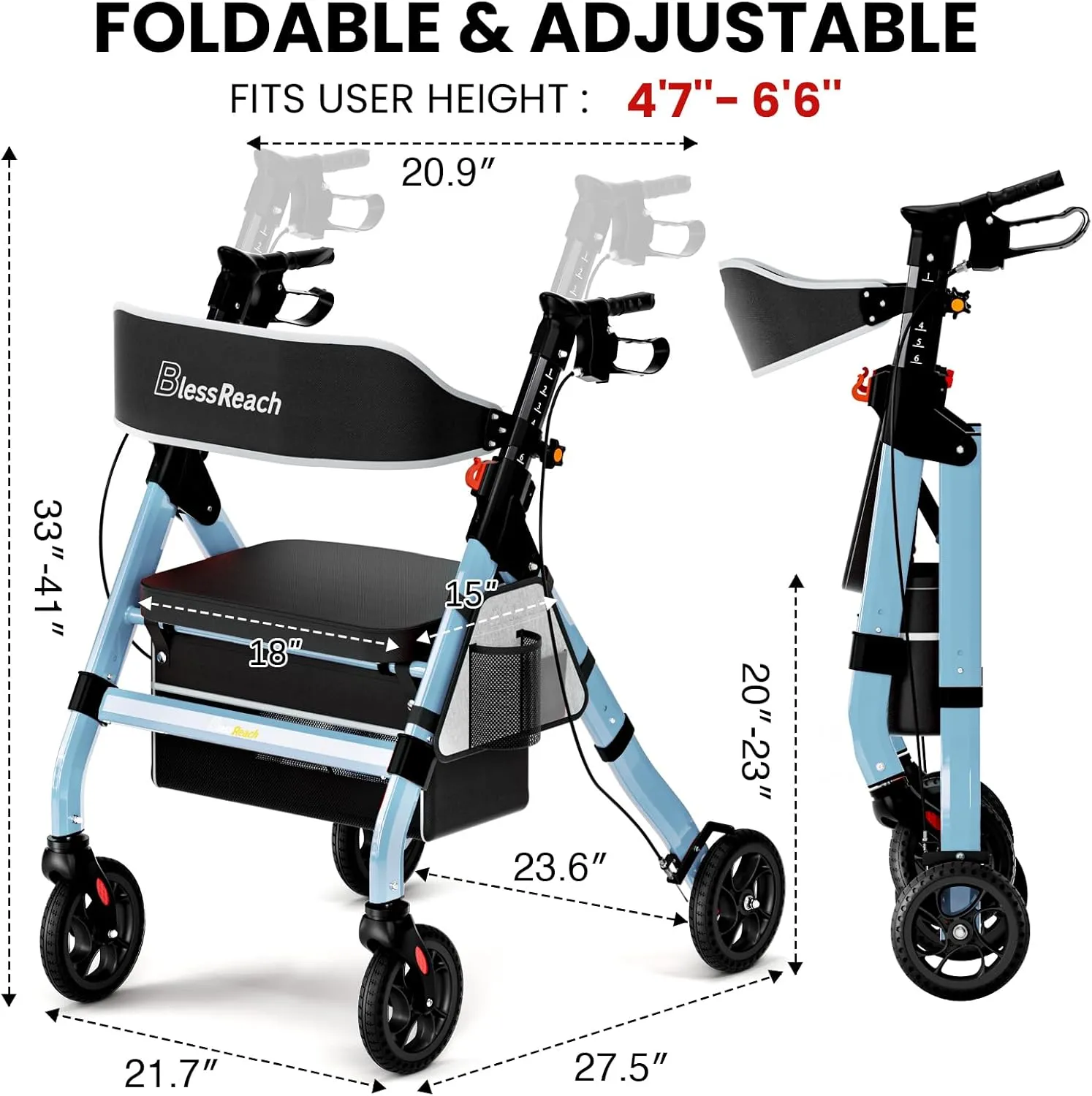 Foldable Rollator Walkers with Seat for Seniors, 450 lb Capacity, 8'' Wheels, 18" Big Seat, 6-Position Adjustable Height, Heavy-Duty Aluminum Rolling Walker (Blue)