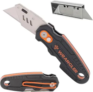 Folding Utility Knife - Quick Change Box Cutter - Heavy Duty Retractable Razor Knife with Extra 10 Blades, Storage Dispenser, Thumb Rest & Belt Clip for Drywall, Cardboard & Rope