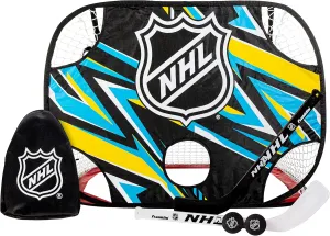 Franklin Sports NHL Kids Mini Hockey Goal   Shooting Target Set - Knee Hockey Pop Up Goal   Shooter Tutor with (2) Mini Sticks   (2) Foam Balls