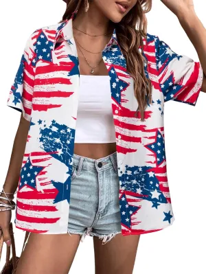 FRYAID American Flag Shirt Women 4th of July Shirts Hawaii Floral Patriotic Stars Stripes Tee USA Short Sleeve Button Up Top