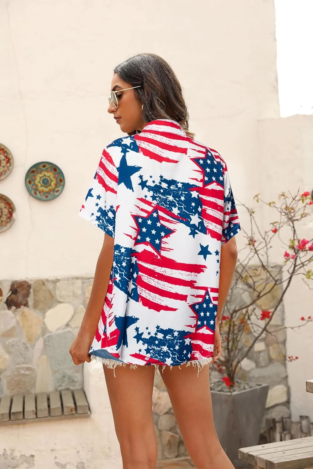 FRYAID American Flag Shirt Women 4th of July Shirts Hawaii Floral Patriotic Stars Stripes Tee USA Short Sleeve Button Up Top