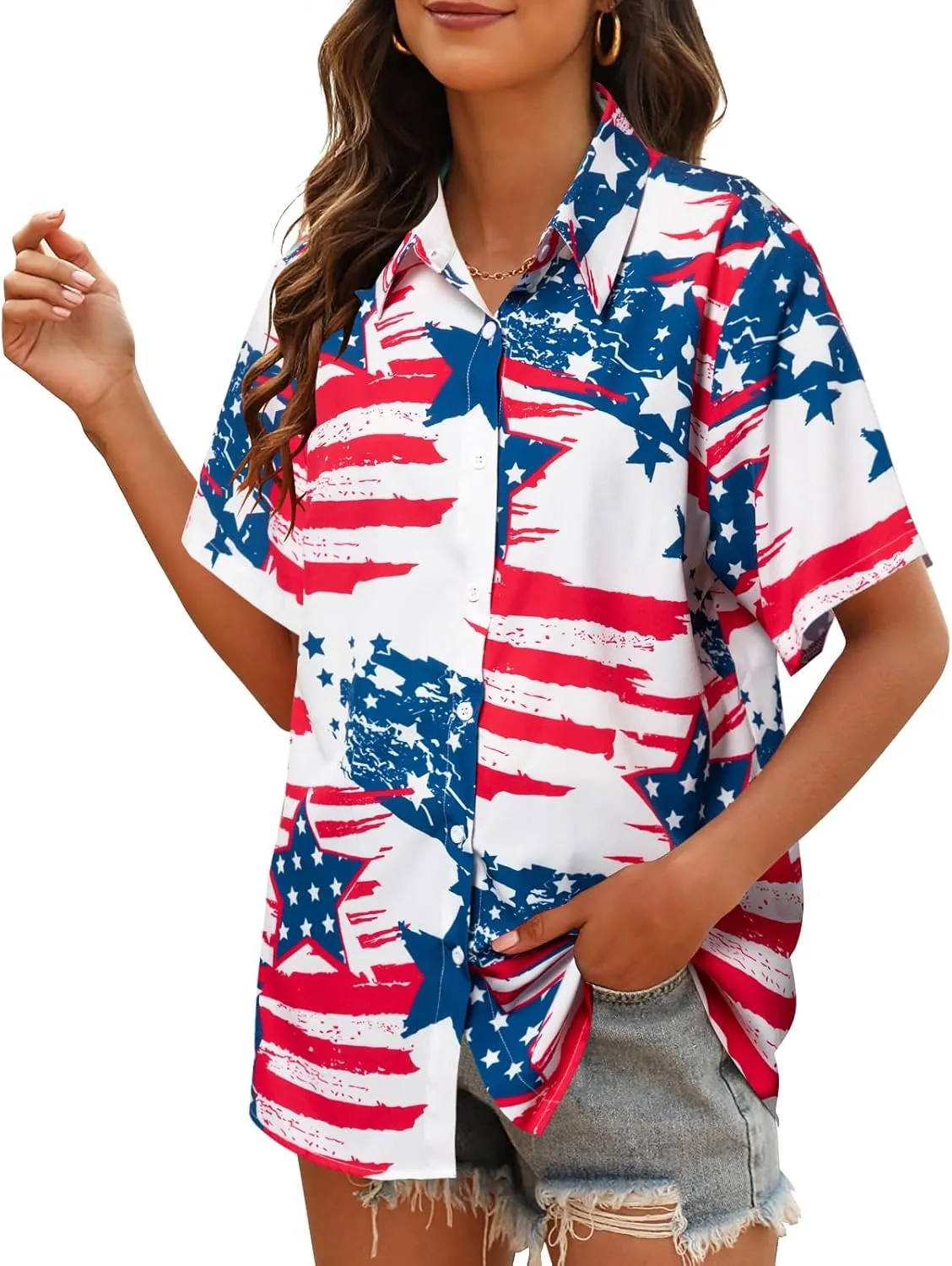 FRYAID American Flag Shirt Women 4th of July Shirts Hawaii Floral Patriotic Stars Stripes Tee USA Short Sleeve Button Up Top