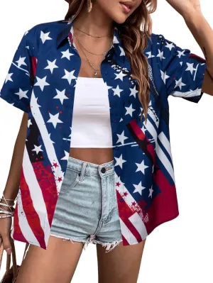 FRYAID American Flag Shirt Women 4th of July Shirts Hawaii Floral Patriotic Stars Stripes Tee USA Short Sleeve Button Up Top