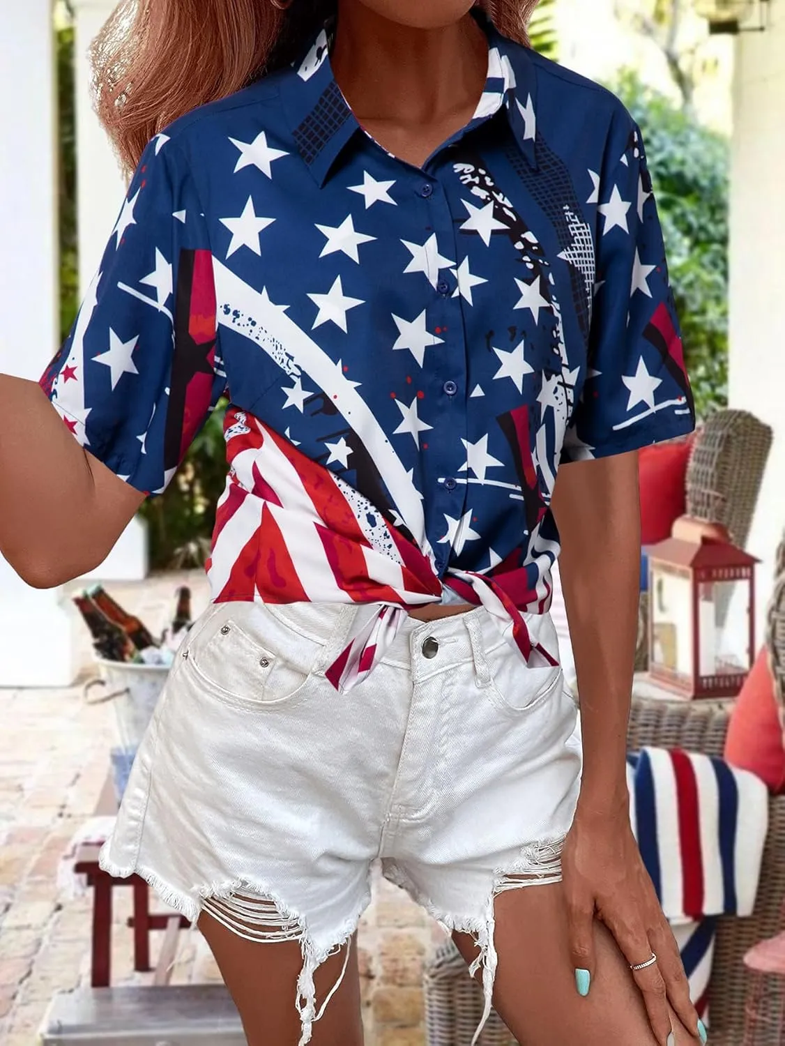 FRYAID American Flag Shirt Women 4th of July Shirts Hawaii Floral Patriotic Stars Stripes Tee USA Short Sleeve Button Up Top