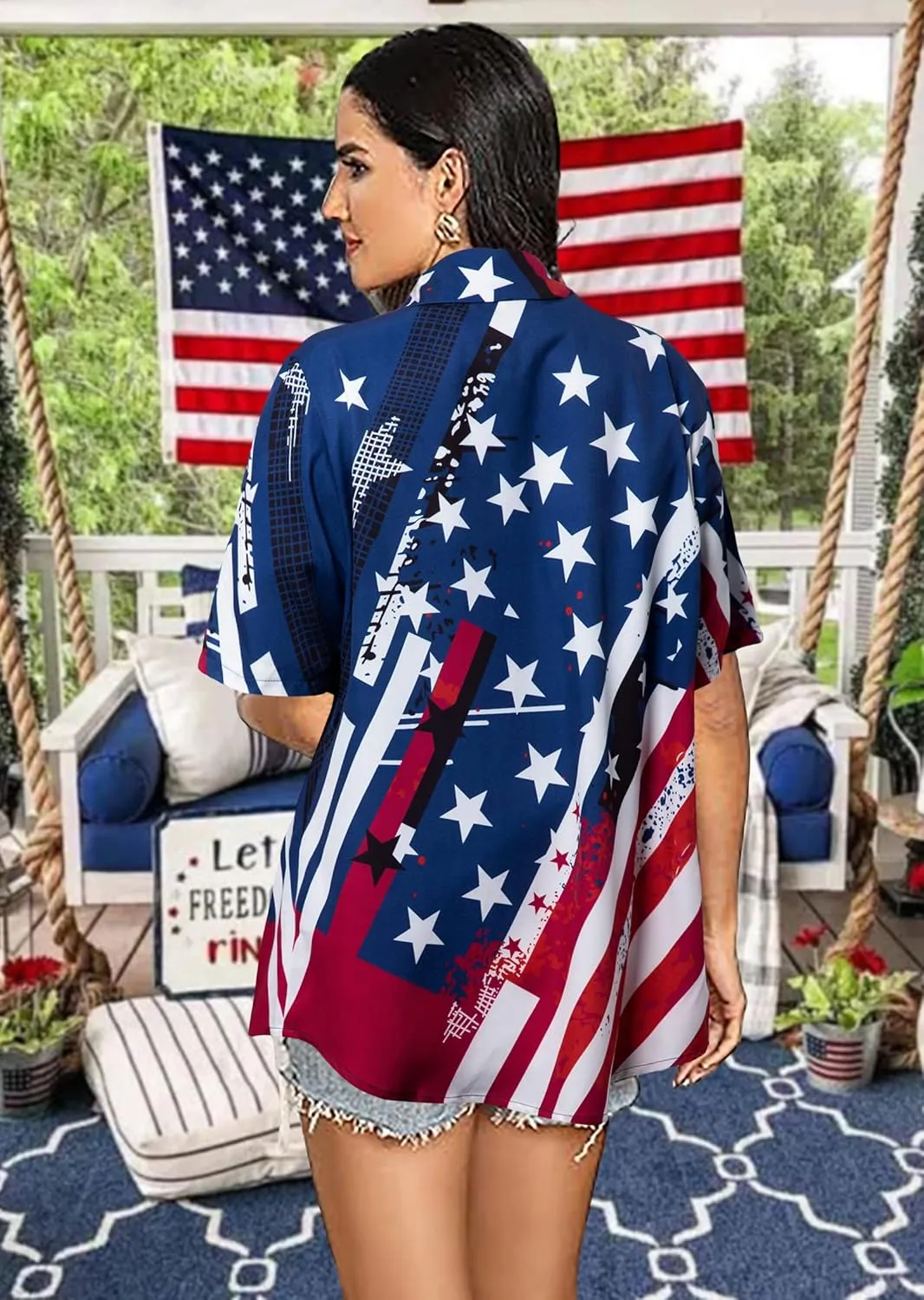 FRYAID American Flag Shirt Women 4th of July Shirts Hawaii Floral Patriotic Stars Stripes Tee USA Short Sleeve Button Up Top