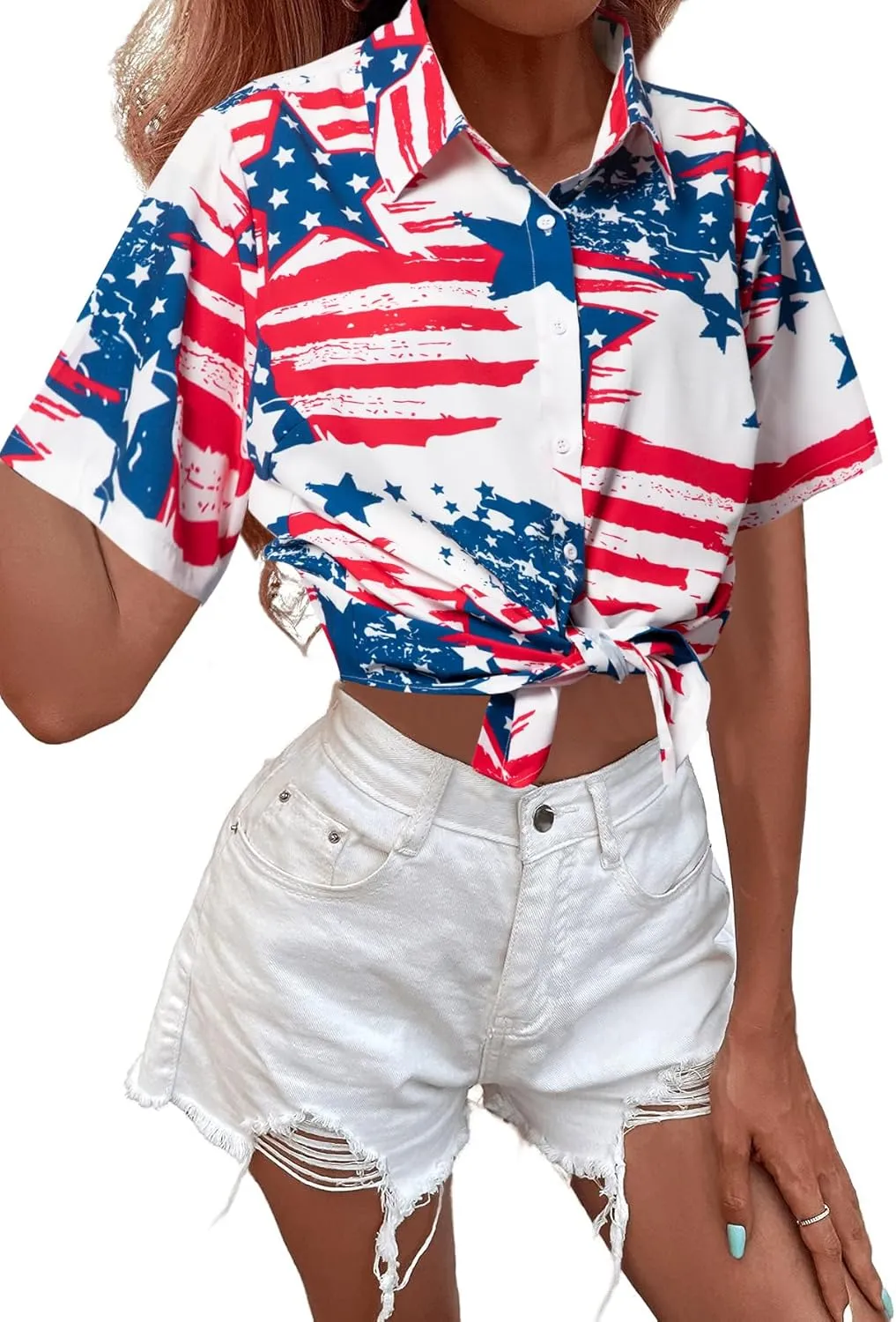 FRYAID American Flag Shirt Women 4th of July Shirts Hawaii Floral Patriotic Stars Stripes Tee USA Short Sleeve Button Up Top